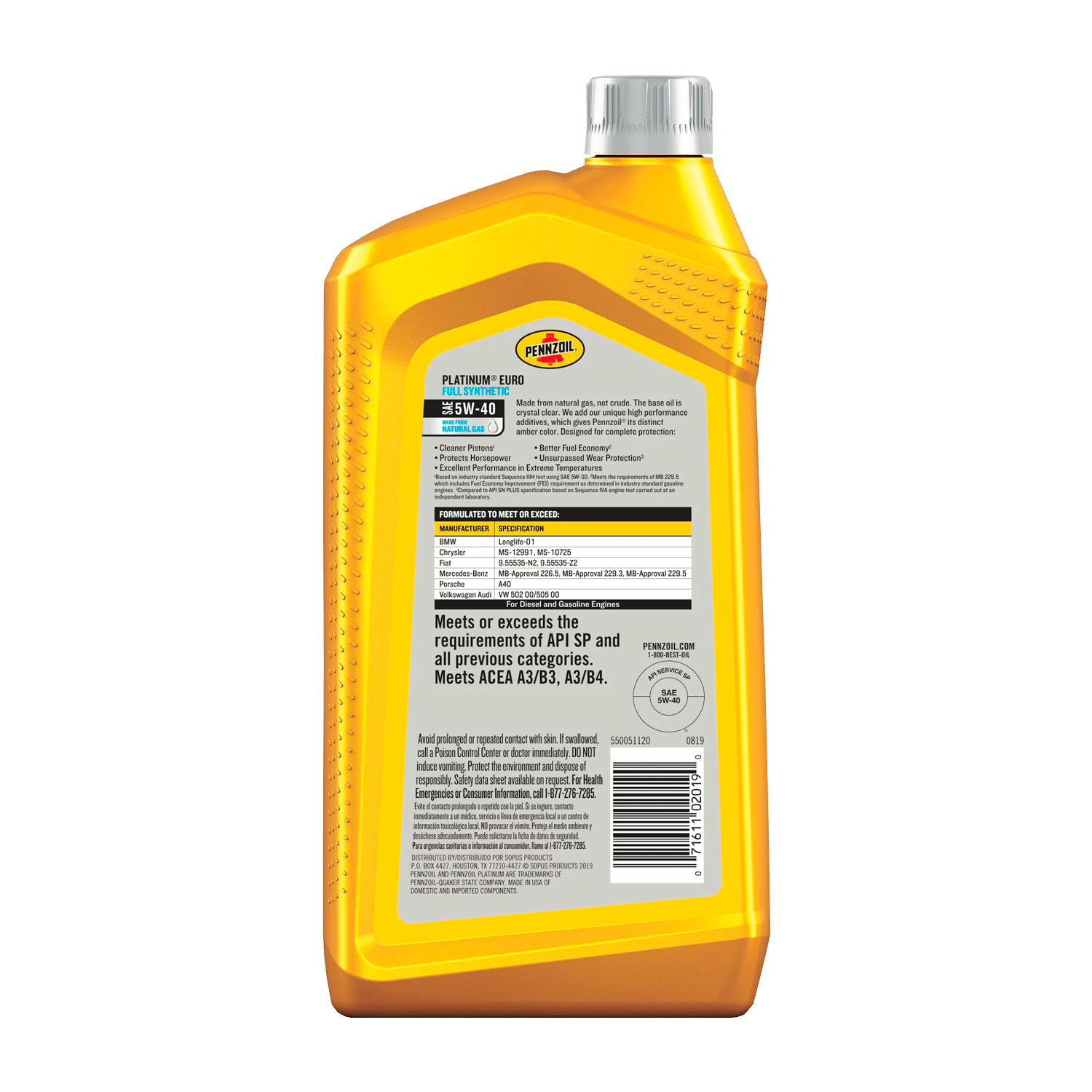 Pennzoil Platinum Euro Full Synthetic 5W-40 Motor Oil, 1 Quart - Image 2